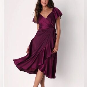 Lulu's Womens Serene Sight Plum Purple Midi Asymmetrical Wrap Dress XL Crinkle